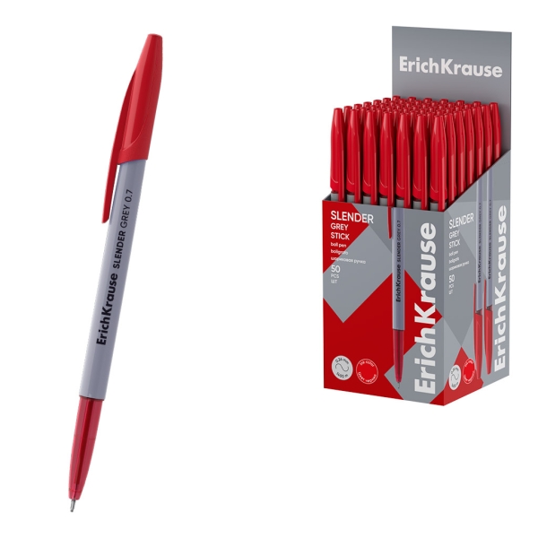 ErichKrause Slender Stick Grey Boligrafo con Capuchon - Punta de Aguja 0.7mm - Cuerpo Opaco Gris - Trazo 0.26mm - Tinta de Baja Viscosidad - Tapa Ventilada - Color Rojo