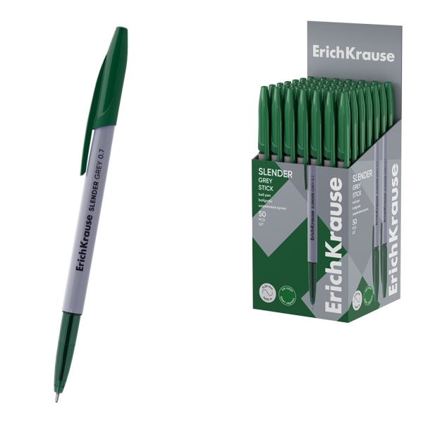 ErichKrause Slender Stick Grey Boligrafo con Capuchon - Punta de Aguja 0.7mm - Cuerpo Opaco Gris - Trazo 0.26mm - Tinta de Baja Viscosidad - Tapa Ventilada - Color Verde