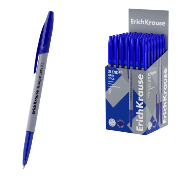 ErichKrause Slender Stick Grey Boligrafo con Capuchon - Punta de Aguja 0.7mm - Cuerpo Opaco Gris - Trazo 0.26mm - Tinta de Baja Viscosidad - Tapa Ventilada - Color Azul