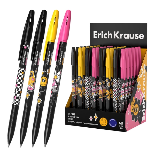 ErichKrause R-301 Stick Positive Vibe Expositor con 48 Boligrafos con Capuchon - Modelos Surtidos - Trazo 0.35mm - Tinta de Secado Rapido - Tapa Ventilada - Color Azul