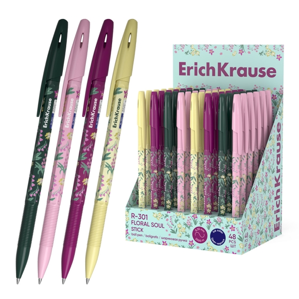 ErichKrause R-301 Stick Floral Soul Expositor con 48 Boligrafos con Capuchon - Modelos Surtidos - Trazo 0.35mm - Tinta de Secado Rapido - Tapa Ventilada - Color Azul