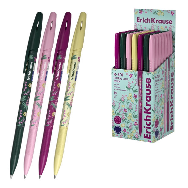 ErichKrause R-301 Stick Floral Soul Boligrafo con Capuchon - Modelos Surtidos - Trazo 0.35mm - Tinta de Secado Rapido - Tapa Ventilada - Color Azul