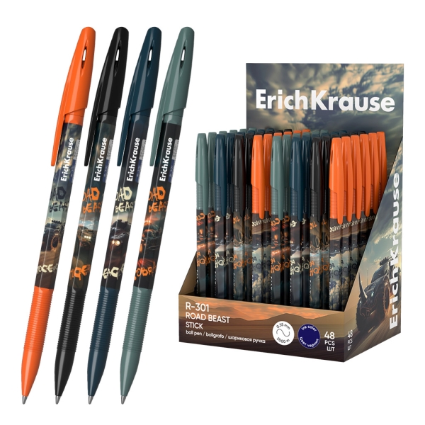 ErichKrause R-301 Stick Road Beast Expositor con 48 Boligrafos con Capuchon - Modelos Surtidos - Trazo 0.35mm - Tinta de Secado Rapido - Tapa Ventilada - Color Azul