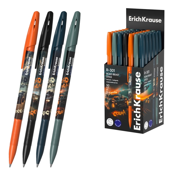 ErichKrause R-301 Stick Road Beast Boligrafo con Capuchon - Modelos Surtidos - Trazo 0.35mm - Tinta de Secado Rapido - Tapa Ventilada - Color Azul