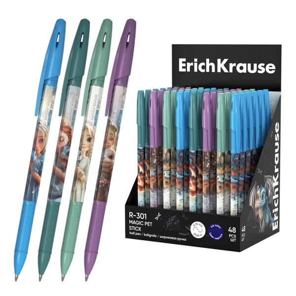 ErichKrause R-301 Stick Magic Pet Expositor con 48 Boligrafos con Capuchon - Modelos Surtidos - Trazo 0.35mm - Tinta de Secado Rapido - Tapa Ventilada - Color Azul