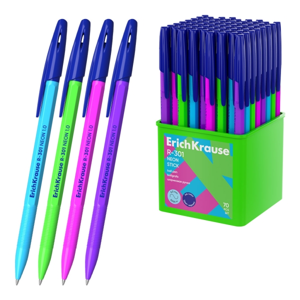 ErichKrause R-301 Stick Neon Boligrafo con Capuchon - Modelos Surtidos - Trazo 0.5mm - Tinta de Secado Rapido - Contenedor de Plastico - Tapa Ventilada - Color Azul