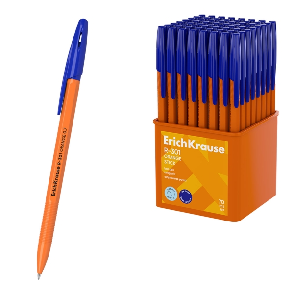 ErichKrause R-301 Stick Orange Boligrafo con Capuchon - Punta de 0.7mm - Cuerpo Opaco Naranja - Trazo 0.35mm - Tinta de Secado Rapido - Tapa Ventilada - Color Azul