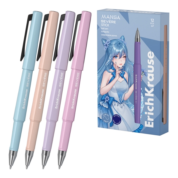 ErichKrause Severe Stick Manga Boligrafo con Capuchon - Modelos Surtidos - Trazo 0.28mm - Tinta de Secado Rapido - Color Azul
