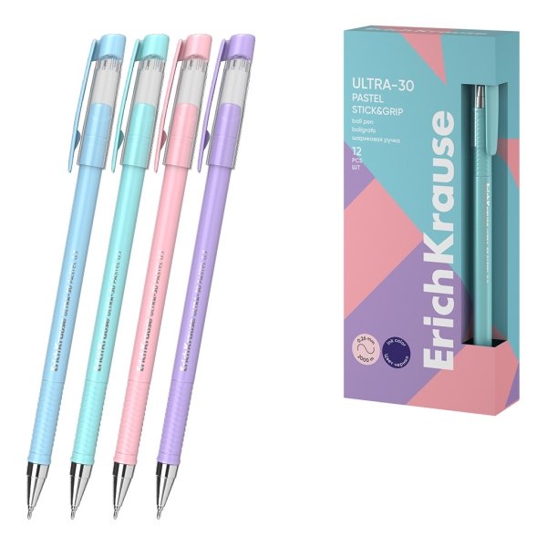 ErichKrause ULTRA-30 Stick and Grip Pastel Boligrafo con Capuchon - Modelos Surtidos - Trazo 0.26mm - Zona de Agarre de Goma - Tinta de Baja Viscosidad - Tapa Ventilada - Color Azul