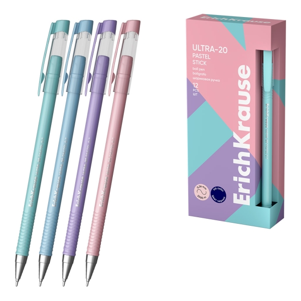 ErichKrause ULTRA-20 Stick Pastel Boligrafo con Capuchon - Modelos Surtidos - Trazo 0.26mm - Tinta de Baja Viscosidad - Tapa Ventilada - Color Azul