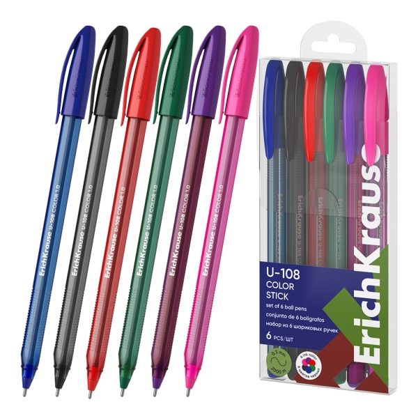 ErichKrause U-108 Stick Color Pack de 6 Boligrafos con Capuchon - Punta de 1.0mm - Trazo 0.3mm - Tinta de Baja Viscosidad - Tapa Ventilada - Colores Surtidos