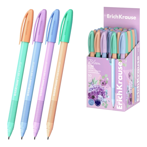 ErichKrause U-108 Stick Pastel Bloom Boligrafo con Capuchon - Punta de 1.0mm - Trazo 0.3mm - Zona de Agarre de Goma - Tinta de Baja Viscosidad - Tapa Ventilada - Colores Surtidos