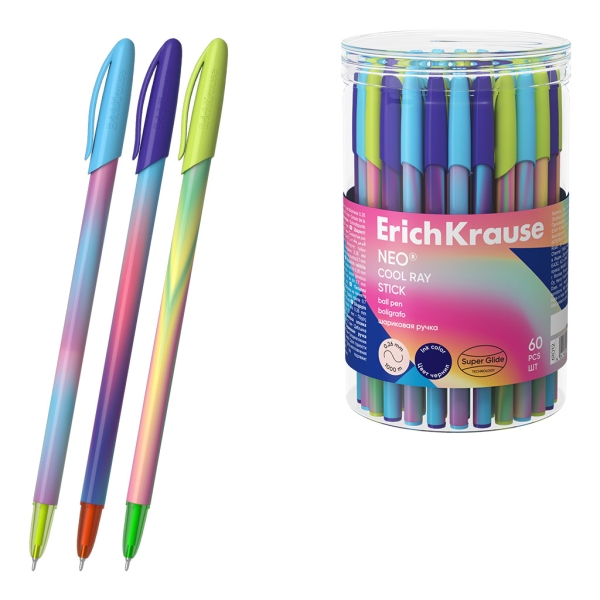 ErichKrause Neo Stick Cool Ray Boligrafo con Capuchon - Modelos Surtidos - Trazo 0.26mm - Tinta de Baja Viscosidad - Tapa Ventilada - Color Azul