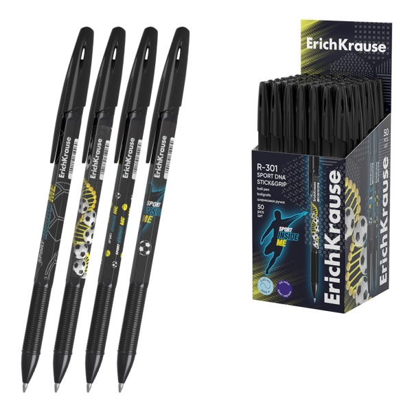 ErichKrause R-301 Stick and Grip Sport DNA Boligrafo con Capuchon - Modelos Surtidos - Trazo 0.35mm - Zona de Agarre de Goma - Tinta de Secado Rapido - Tapa Ventilada - Color Azul