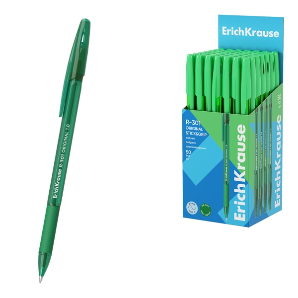 ErichKrause R-301 Stick and Grip Original Boligrafo con Capuchon - Punta de 1.0mm - Cuerpo Transparente - Trazo 0.5mm - Zona de Agarre de Goma - Tinta de Secado Rapido - Tapa Ventilada - Color Verde