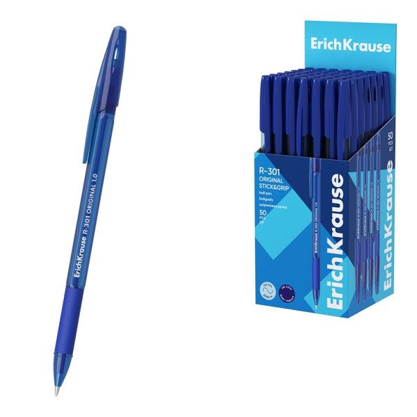 ErichKrause R-301 Stick and Grip Original Boligrafo con Capuchon - Punta de 1.0mm - Cuerpo Transparente - Trazo 0.5mm - Zona de Agarre de Goma - Tinta de Secado Rapido - Tapa Ventilada - Color Azul