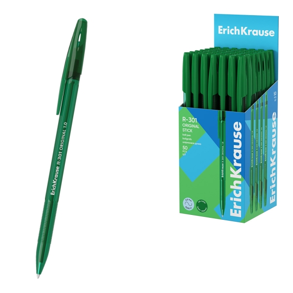 ErichKrause R-301 Stick Original Boligrafo con Capuchon - Punta de 1.0mm - Cuerpo Transparente - Trazo 0.5mm - Tinta de Secado Rapido - Tapa Ventilada - Color Verde