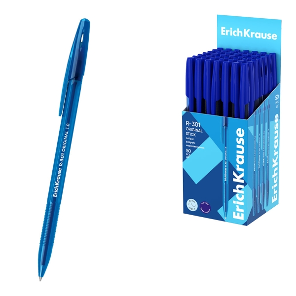 ErichKrause R-301 Stick Original Boligrafo con Capuchon - Punta de 1.0mm - Cuerpo Transparente - Trazo 0.5mm - Tinta de Secado Rapido - Tapa Ventilada - Color Azul