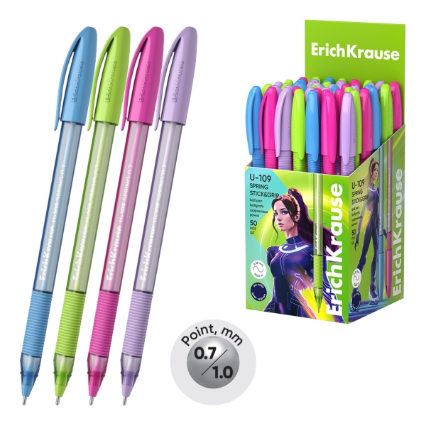 ErichKrause U-109 Stick and Grip Spring Boligrafo con Capuchon - Modelos Surtidos - Trazo 0.3mm - Zona de Agarre de Goma - Tinta de Baja Viscosidad - Tapa Ventilada - Color Azul