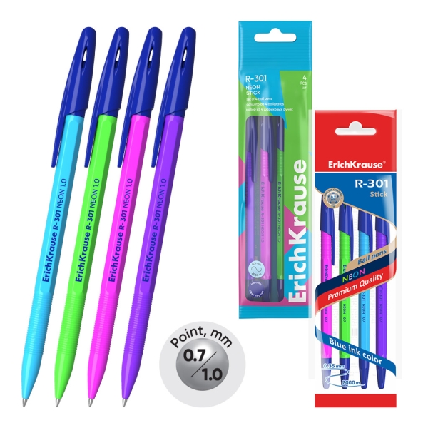ErichKrause R-301 Stick Neon Pack de 4 Boligrafos con Capuchon - Modelos Surtidos - Trazo 0.35mm - Tinta de Secado Rapido - Color Azul