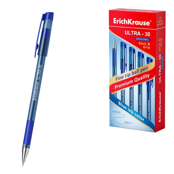 ErichKrause ULTRA-30 Stick and Grip Original Boligrafo con Capuchon - Punta de Aguja 0.7mm - Cuerpo Transparente - Trazo 0.26mm - Zona de Agarre de Goma - Tinta de Baja Viscosidad - Color Azul