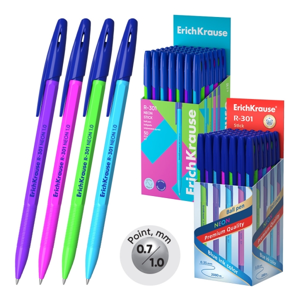 ErichKrause R-301 Stick Neon Boligrafo con Capuchon - Modelos Surtidos - Trazo 0.5mm - Tinta de Secado Rapido - Tapa Ventilada - Color Azul