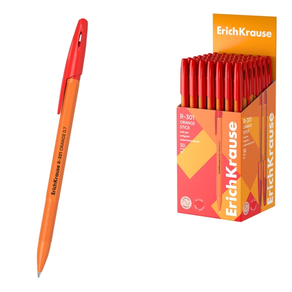 ErichKrause R-301 Stick Orange Boligrafo con Capuchon - Punta de 0.7mm - Cuerpo Opaco Naranja - Trazo 0.35mm - Color Rojo