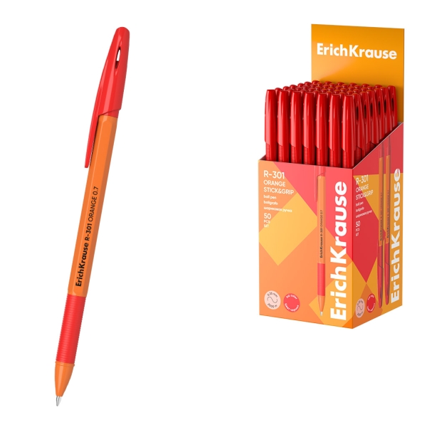 ErichKrause R-301 Stick and Grip Orange Boligrafo con Capuchon - Punta de 0.7mm - Cuerpo Opaco Naranja - Trazo 0.35mm - Zona de Agarre de Goma - Color Rojo
