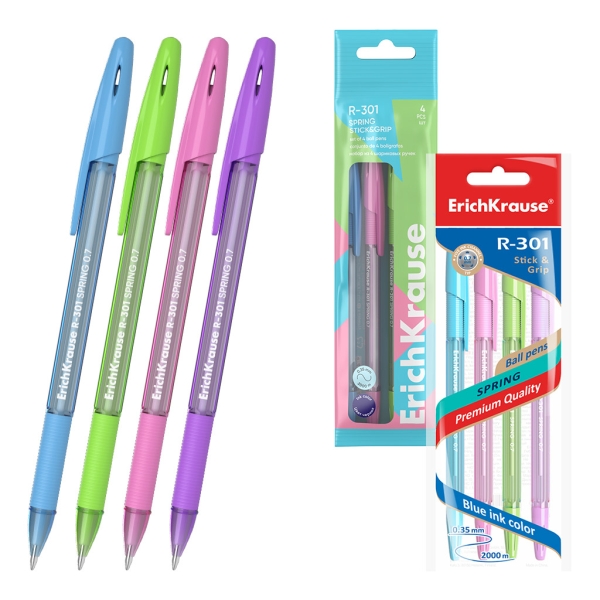 ErichKrause R-301 Stick and Grip Spring Pack de 4 Boligrafos con Capuchon - Modelos Surtidos - Trazo 0.35mm - Zona de Agarre de Goma - Color Azul