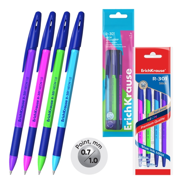 ErichKrause R-301 Stick and Grip Neon Pack de 4 Boligrafos con Capuchon - Modelos Surtidos - Trazo 0.5mm - Zona de Agarre de Goma - Tinta de Secado Rapido - Tapa Ventilada - Color Azul