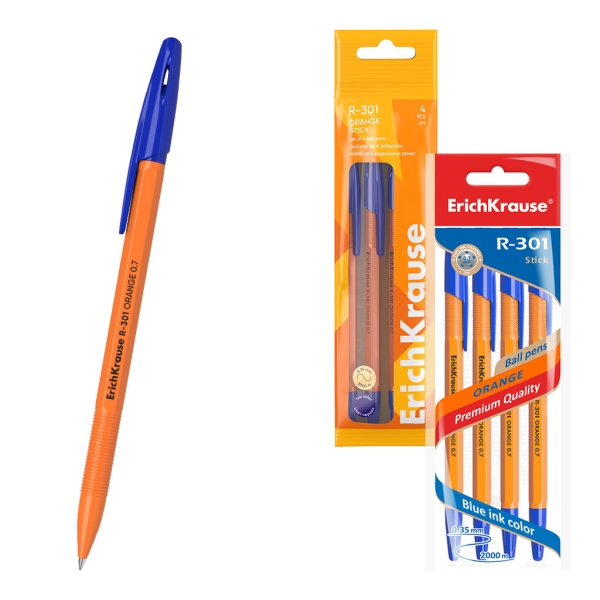 ErichKrause R-301 Stick Orange Pack de 4 Boligrafos con Capuchon - Punta de 0.7mm - Cuerpo Opaco Naranja - Trazo 0.35mm - Color Azul