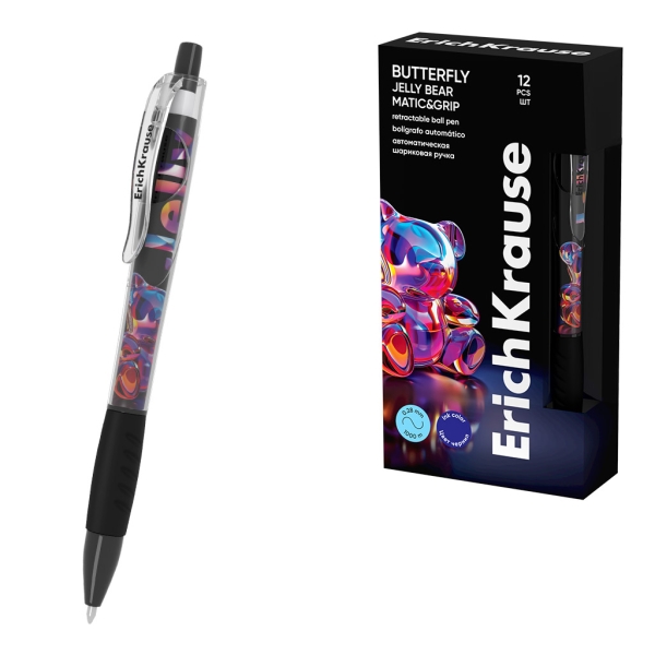 ErichKrause Butterfly Matic and Grip Jelly Bear Boligrafo Retractil - Punta de 0.7mm - Trazo 0.28mm - Zona de Agarre de Goma - Color Azul
