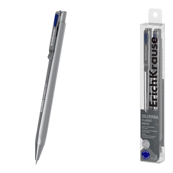 ErichKrause Silverra Matic Classic Pack de 2 Boligrafos Retractiles - Punta de 0.7mm - Cuerpo Gris - Trazo 0.35mm - Color Azul