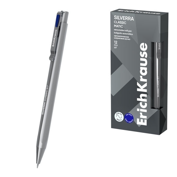 ErichKrause Silverra Matic Classic Boligrafo Retractil - Punta de 0.7mm - Cuerpo Gris - Trazo 0.35mm - Color Azul