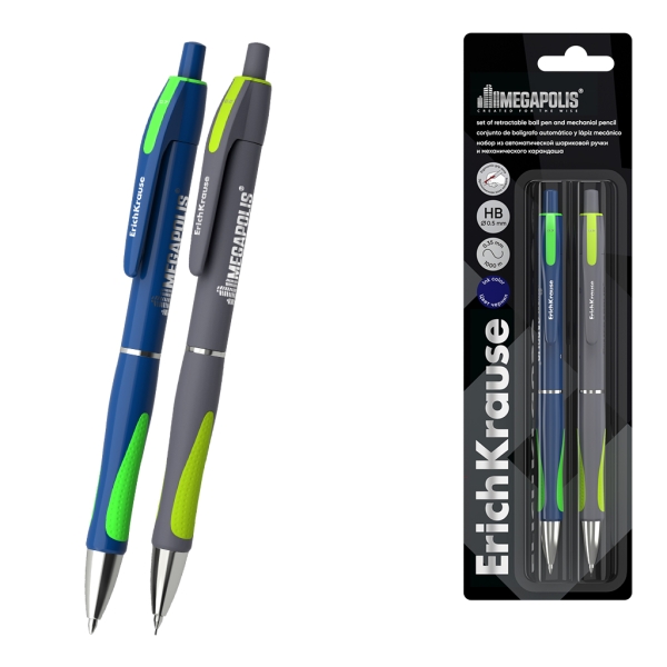 ErichKrause Megapolis Pack de Boligrafo Retractil y Portaminas - Punta de 0.7mm - Trazo 0.35mm - Mina HB 0.5mm - Color Azul