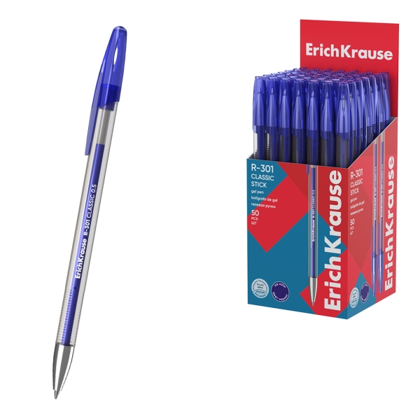 ErichKrause R-301 Gel Stick Classic Boligrafo con Capuchon - Punta de 0.5mm - Trazo 0.4mm - Tinta de Gel - Resistente al Agua - Secado Rapido - Color Azul