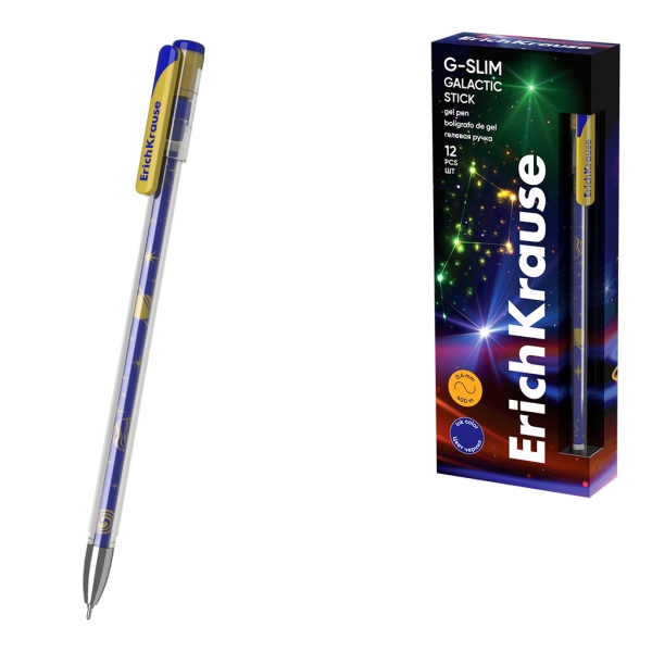 ErichKrause G-Slim Stick Galactic Boligrafo con Capuchon - Punta de 0.5mm - Trazo 0.4mm - Tinta de Gel - Resistente al Agua - Secado Rapido - Tapa Ventilada - Color Azul