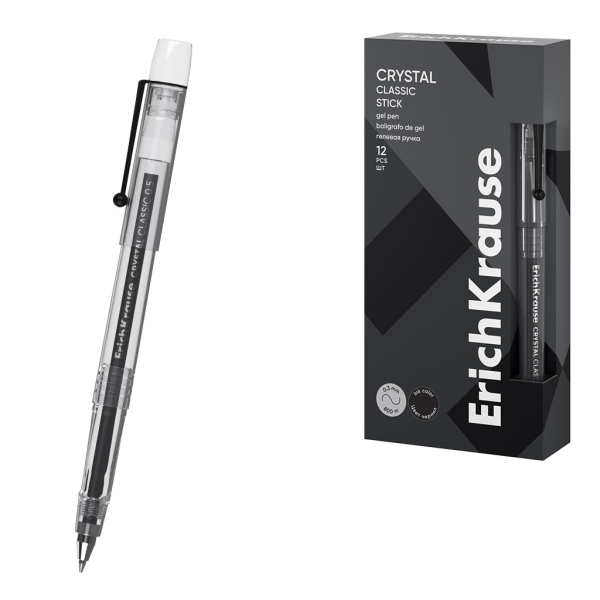 ErichKrause Crystal Stick Classic Boligrafo con Capuchon - Punta de 0.5mm - Trazo 0.4mm - Tinta de Gel - Resistente al Agua - Secado Rapido - Color Negro