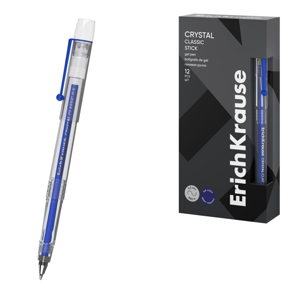 ErichKrause Crystal Stick Classic Boligrafo con Capuchon - Punta de 0.5mm - Trazo 0.4mm - Tinta de Gel - Resistente al Agua - Secado Rapido - Color Azul