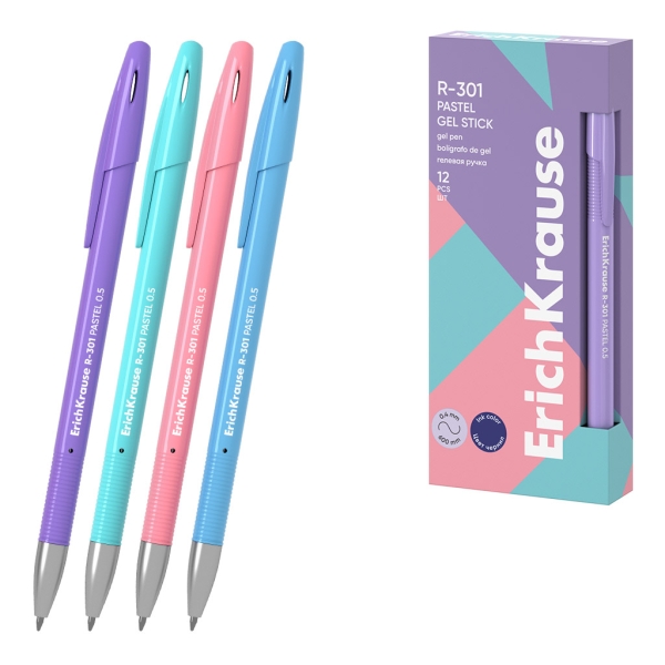 ErichKrause R-301 Gel Stick Pastel Boligrafo con Capuchon - Modelos Surtidos - Trazo 0.4mm - Tinta de Gel - Resistente al Agua - Secado Rapido - Tapa Ventilada - Color Azul