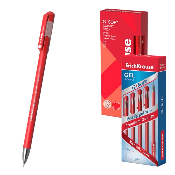 ErichKrause G-Soft Stick Classic Boligrafo con Capuchon - Punta de 0.38mm - Trazo 0.25mm - Tinta de Gel - Resistente al Agua - Secado Rapido - Color Rojo