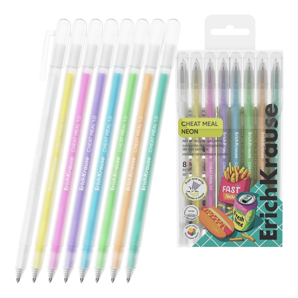 ErichKrause Cheat Meal Pack de 8 Boligrafos con Capuchon - Punta de 1.0mm - Trazo 1mm - Tinta de Gel - Resistente al Agua - Secado Rapido - Colores Surtidos