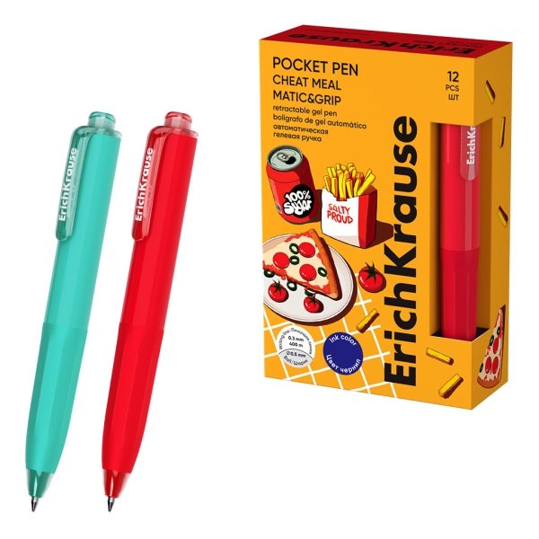 ErichKrause Pocket Pen Matic and Grip Cheat Meal Boligrafo Retractil - Modelos de Cuerpo Surtidos - Trazo 0.3mm - Zona de Agarre de Goma - Color Azul