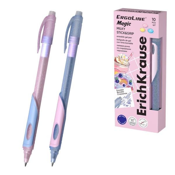 ErichKrause ErgoLine Magic Stick and Grip Milky Boligrafo Borrable - Modelos Surtidos - Trazo 0.4mm - Tinta de Gel - Resistente al Agua - Zona de Agarre de Goma - Color Azul