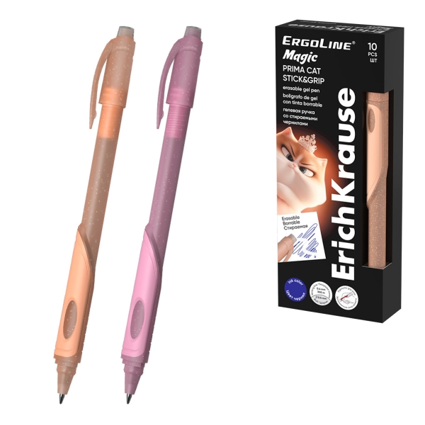 ErichKrause ErgoLine Magic Stick and Grip Prima Cat Boligrafo Borrable - Modelos Surtidos - Trazo 0.4mm - Tinta de Gel - Resistente al Agua - Zona de Agarre de Goma - Color Azul