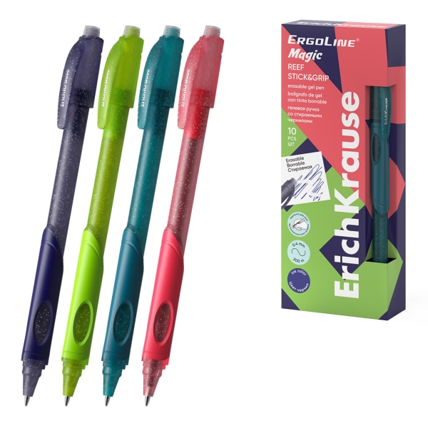 ErichKrause ErgoLine Magic Stick and Grip Reef Boligrafo Borrable - Modelos Surtidos - Trazo 0.4mm - Tinta de Gel - Resistente al Agua - Zona de Agarre de Goma - Color Azul
