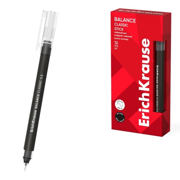 ErichKrause Balance Stick Classic Boligrafo con Capuchon - Punta de 0.5mm - Trazo 0.35mm - Tinta Libre con Regulador de Alimentacion - Color Negro