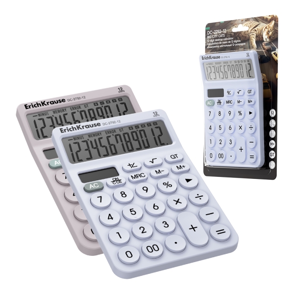 ErichKrause DC-2792-12 Big City Cats Calculadora de Sobremesa - Pantalla LCD de 12 Digitos - Apagado Automatico - Alimentacion Solar - Presentado en Blister - Colores Surtidos