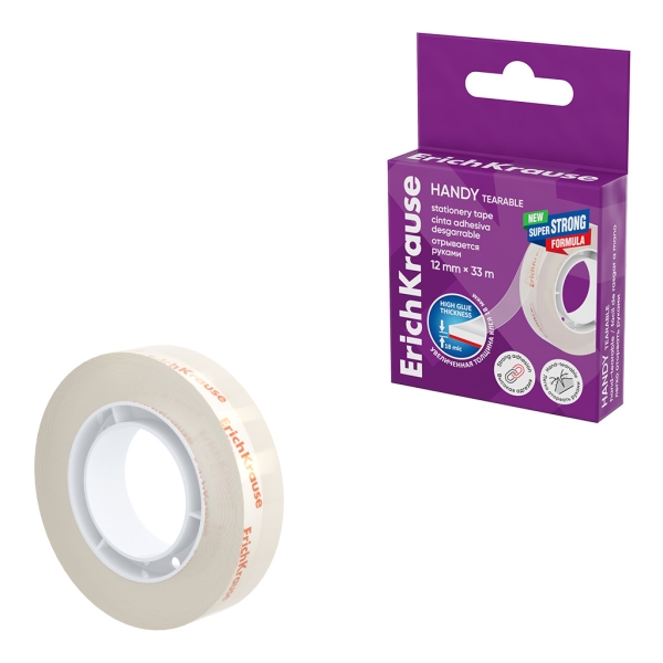 ErichKrause Handy tearable Cinta Adhesiva - Alta Adhesion - 12mm de Ancho - 33 Metros - Resistente al Desgarro Longitudinal - Color Transparente
