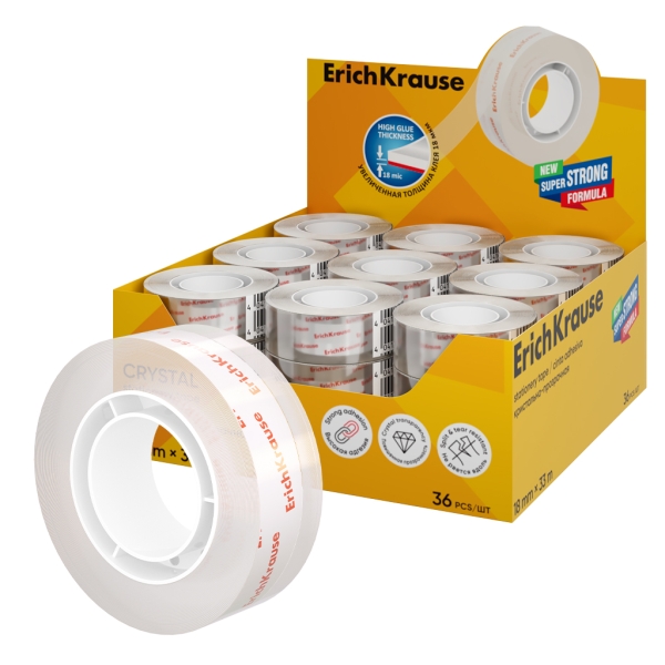 ErichKrause Crystal Expositor con 36 Cintas Adhesivas - Alta Adhesion - 18mm de Ancho - 33 Metros - Resistente al Desgarro Longitudinal - Color Transparente